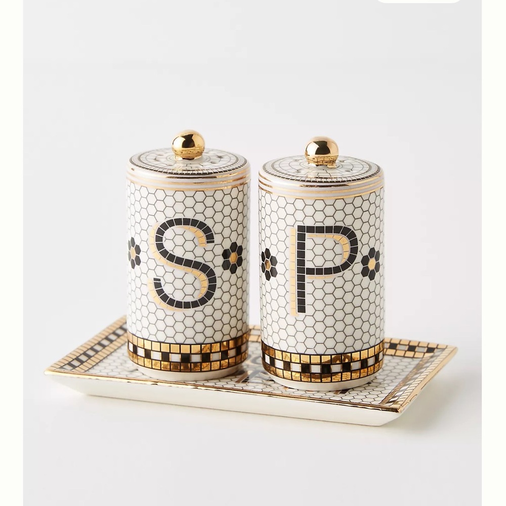 Anthropologie salt & pepper shaker and towel